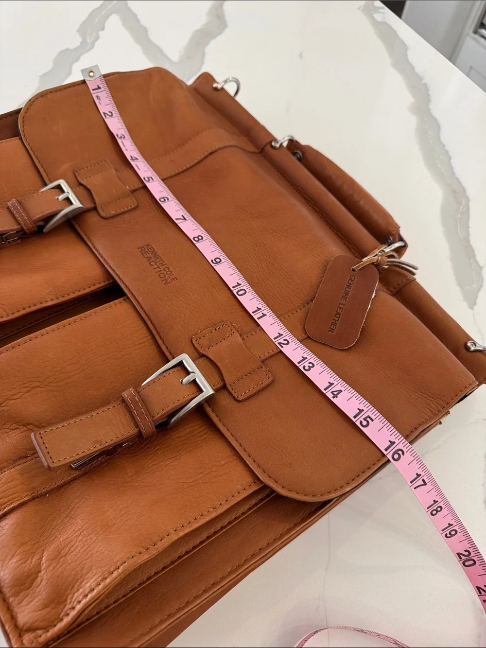 Kenneth Cole Reaction Cognac Leather Briefcase with Buckle Pockets